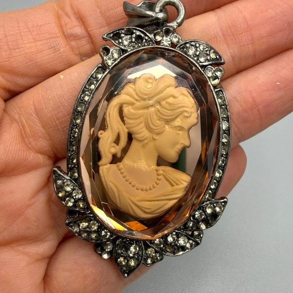 Vintage Lucite Cameo Rhinestone Pendant 2.5" Retro 60s Victorian Revival